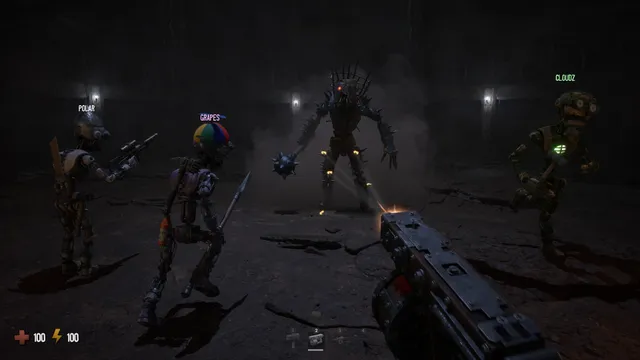 GRAIN ROT screenshot: wooden puppet crewmates with weapons face a spiked, glowing-eyed figure in dark ruins