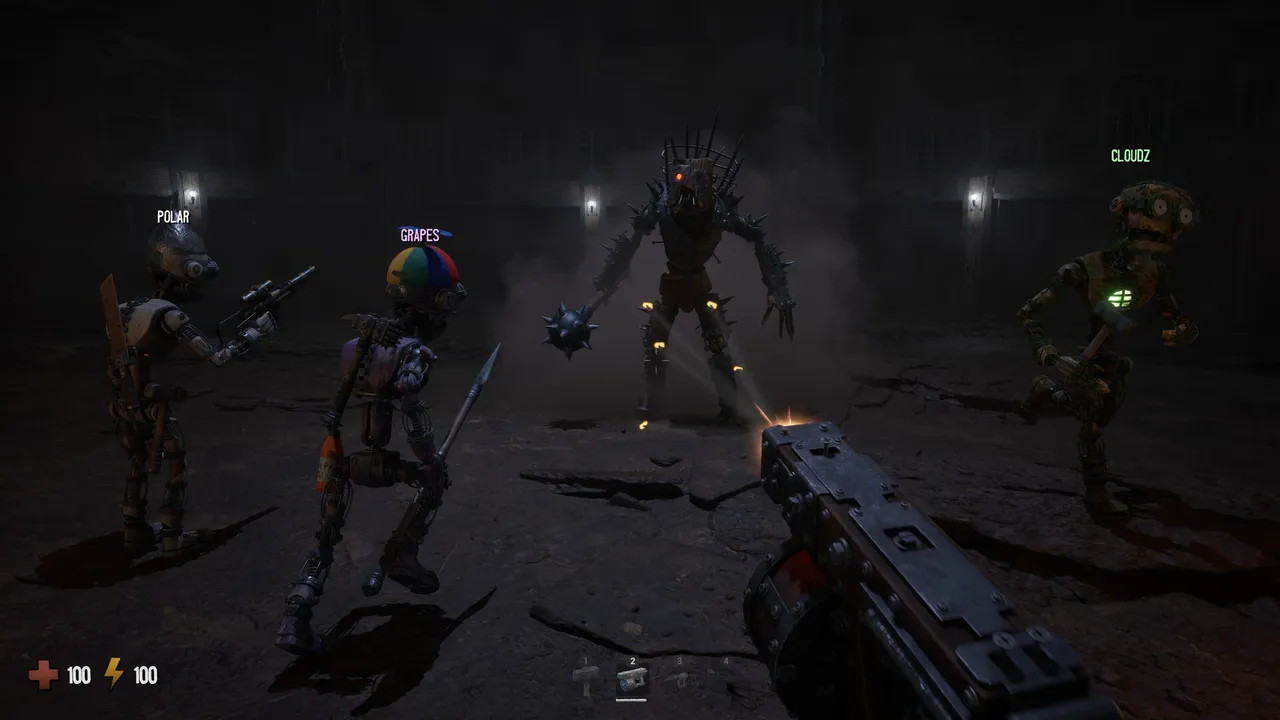GRAIN ROT screenshot: wooden puppet crewmates with weapons face a spiked, glowing-eyed figure in dark ruins