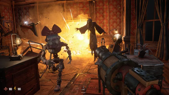 GRAIN ROT screenshot: an explosion bursts behind a wooden doll with a bow and a tall ghostly figure in a ruined room