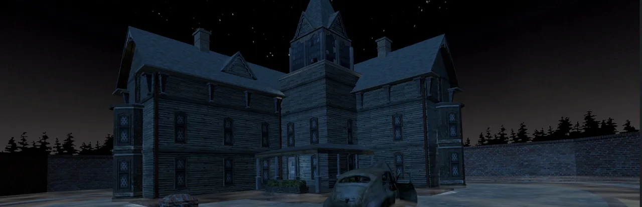 Granny 3 key art: a large dark wooden mansion at night behind a high wall, a wrecked car in front