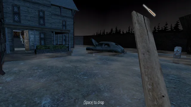 Holding a wooden plank in the mansion's walled courtyard at night, an old car with its hood up