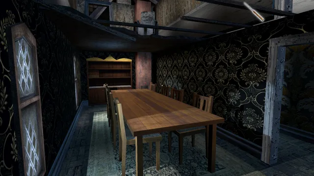 A dim dining room with a long wooden table and dark patterned wallpaper