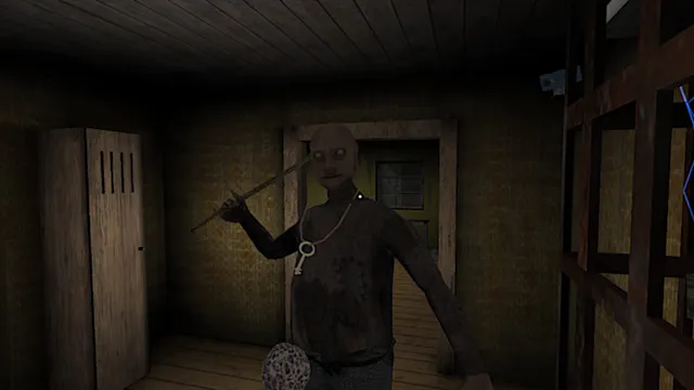 Granny: Chapter Two screenshot: Grandpa raises a long stick in a dim wooden room, a key hanging at his neck