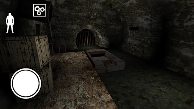 Granny: Chapter Two screenshot: a dark stone cellar with a barred tunnel and a bloodstained slab, with touch controls on the left