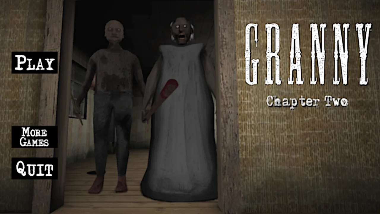Granny: Chapter Two title screen: Grandpa and Granny, holding a bloody bat, stand in a dark doorway beside Play, More Games and Quit buttons