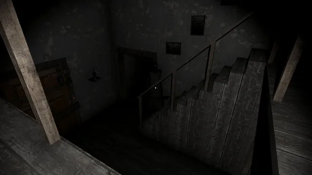 Granny screenshot: a dark wooden staircase in the dusty house