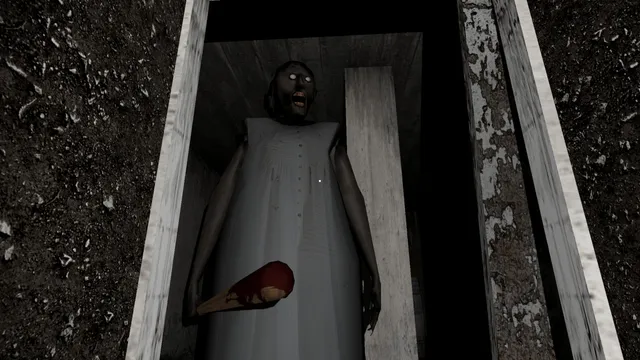 Granny screenshot: Granny with her bloodied bat seen from inside a hiding place between planks