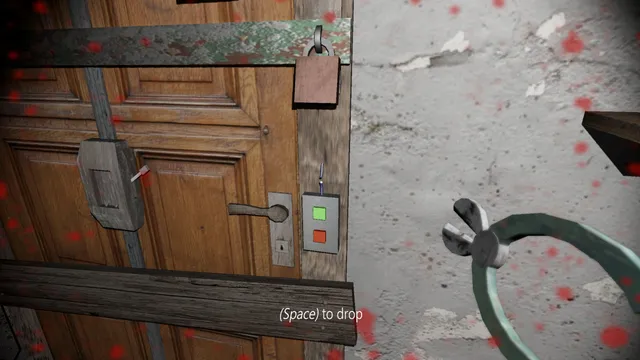 Granny screenshot: holding pliers near a front door boarded up and covered in padlocks