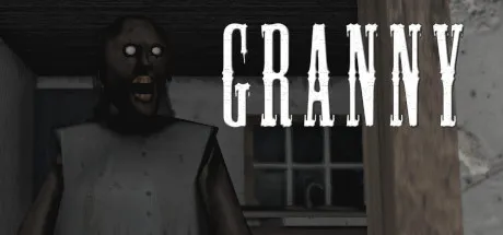 Granny key art: the white-eyed old woman stands in a doorway beside the game's title