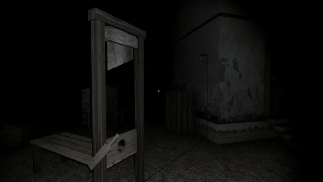 Granny screenshot: a guillotine standing in a dark room of the house