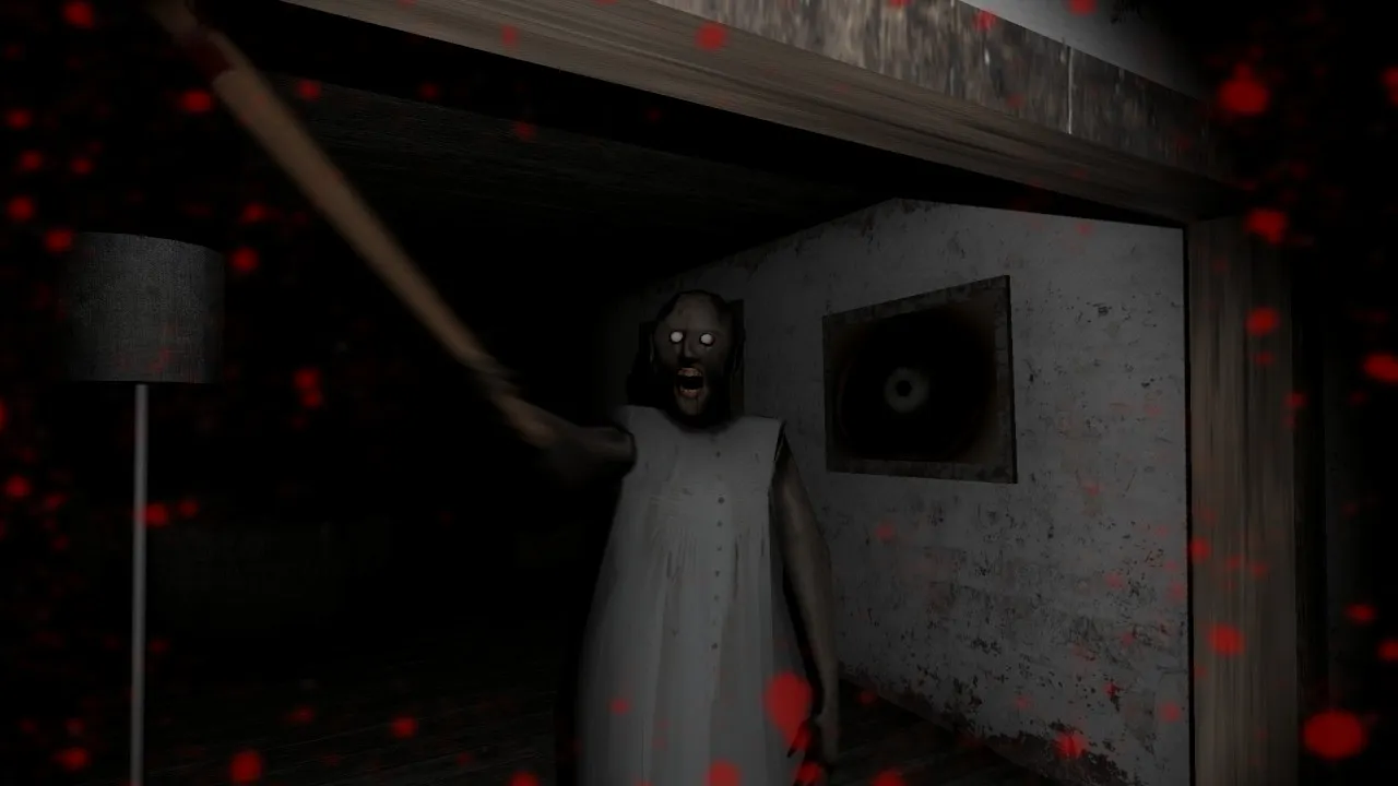 Granny screenshot: the pale old woman swings a baseball bat at you in a dim room, with blood spattered across the view