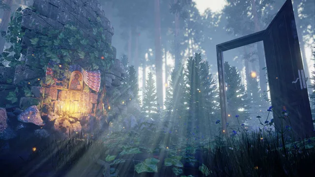 Gray Dawn screenshot: a candlelit icon shrine in mossy ruins and a lone open door standing in a foggy forest