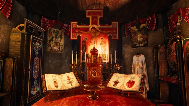 Gray Dawn screenshot: an Orthodox chapel altar with a painted crucifix, candles and open books showing a heart and a chalice