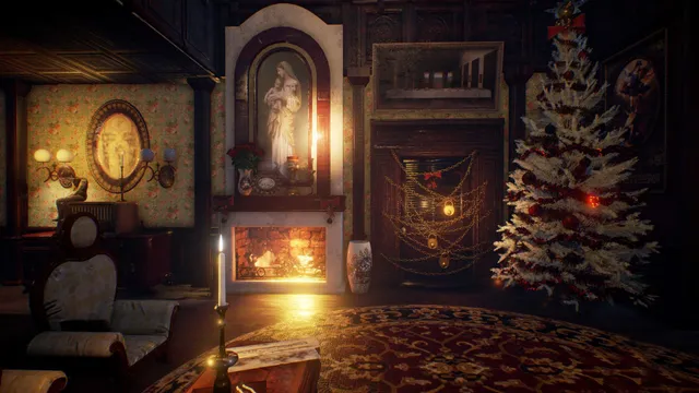 Gray Dawn screenshot: a dim 1920s parlour with a Madonna painting above the fireplace, a chained and padlocked cabinet and a Christmas tree