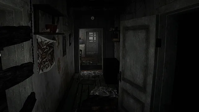A dark hallway in a run-down village house leading to a lit room