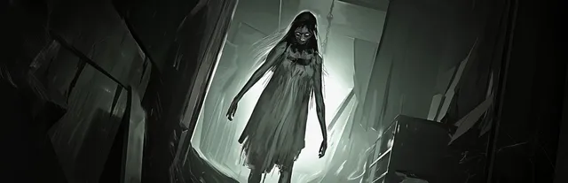 Greed Stays Home key art: a pale ghostly woman in a torn dress with glowing eyes steps through a doorway