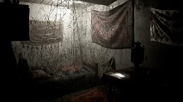 A bedroom with rugs on the walls and a samovar, criss-crossed by dark threads