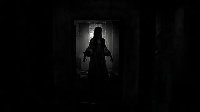 The silhouette of a long-haired woman in a nightgown at the end of a dark corridor