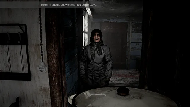 An old woman in a headscarf stands in a dim kitchen beside a pot