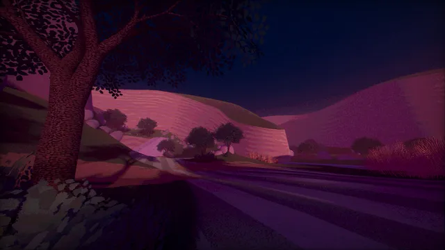 Greener Grass Awaits screenshot: a fairway beside a large tree and rock walls under a purple night sky