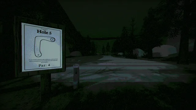 Greener Grass Awaits screenshot: the sign for Hole 5, par 4, on a dark tee among pine trees