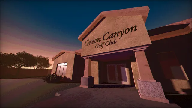 Greener Grass Awaits screenshot: the Green Canyon Golf Club clubhouse at dusk