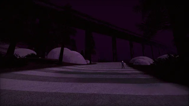 Greener Grass Awaits screenshot: a lone figure standing on a dark striped fairway at night under a bridge