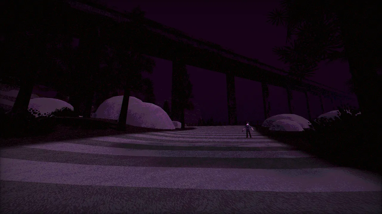 Greener Grass Awaits screenshot: a lone figure standing on a dark striped fairway at night under a bridge