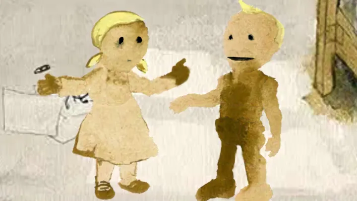 Gretel and Hansel art: the two children, Gretel in a yellow headscarf and her brother, painted in pale watercolour beside a wooden door