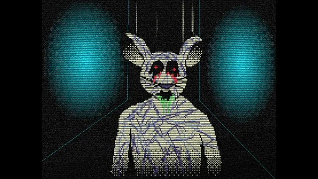 Grotesqueresque screenshot: a figure in a rabbit mask with bleeding eyes between two glowing blue lights