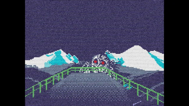 Grotesqueresque screenshot: a creature with red eyes on a snowy mountain road behind a green railing