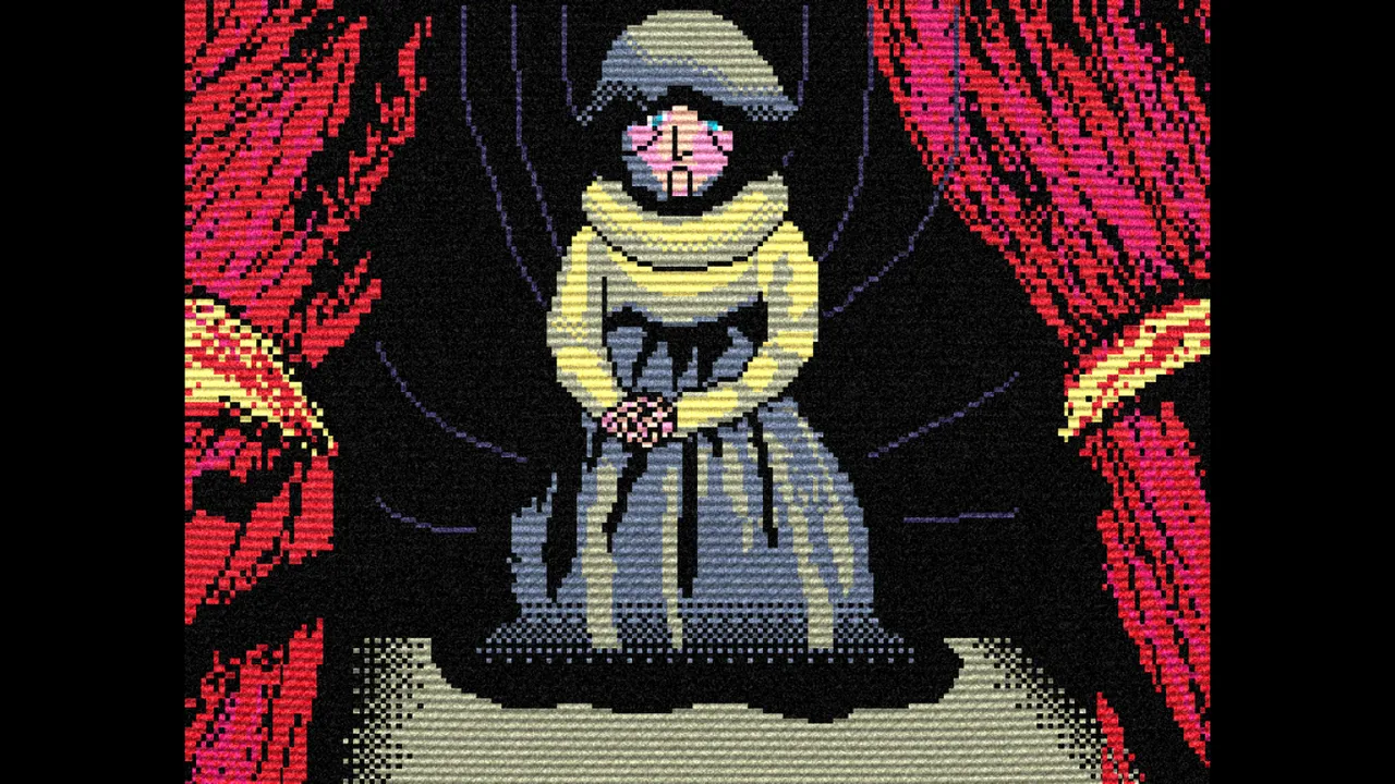 Grotesqueresque screenshot: a veiled woman in a yellow shawl sitting on a stage between red curtains