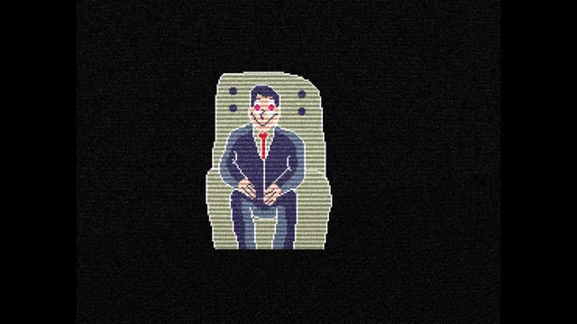Grotesqueresque screenshot: a man in a suit with red eyes sitting in an armchair, like a TV host