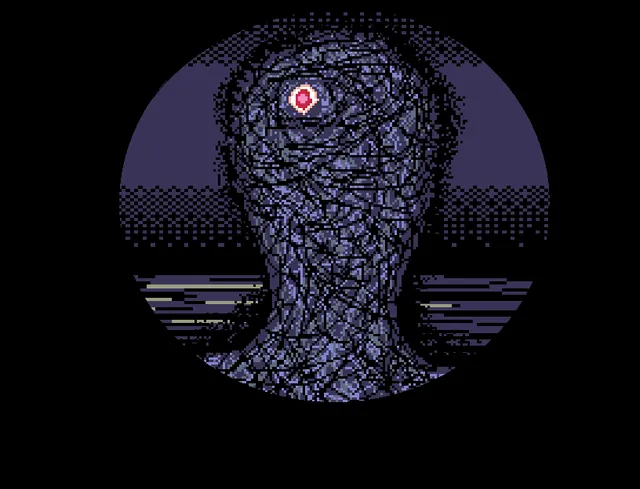 Grotesqueresque cover: a figure whose head is a mass of scribbled lines with one red eye, framed in a dark circle over water