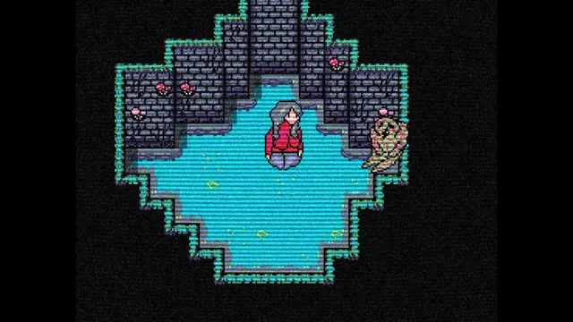 Grotesqueresque screenshot: a girl standing in a pool inside a stone room, with a crouching creature at the edge