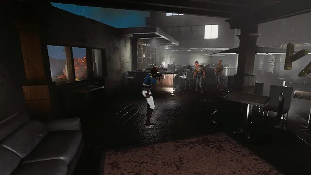 Ground Zero screenshot: Seo-Yeon aims a rifle at two mutated people shambling through a dark, rain-soaked bar