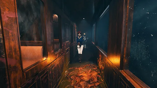 Ground Zero screenshot: Seo-Yeon and a masked companion walk down a wooden train corridor towards a glowing orange growth on the floor
