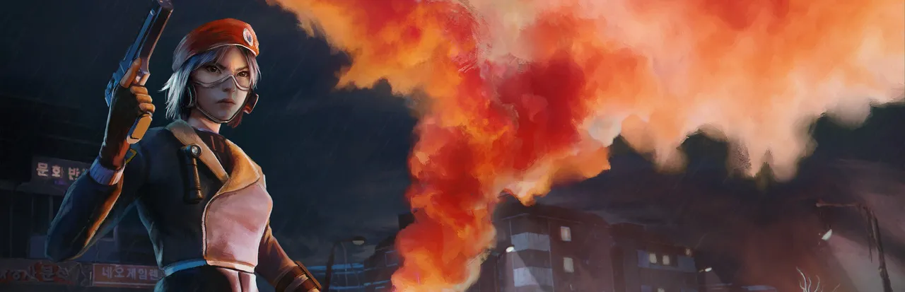 Ground Zero key art: Seo-Yeon in a red beret and goggles holds a pistol before a burning red cloud over a ruined Korean street
