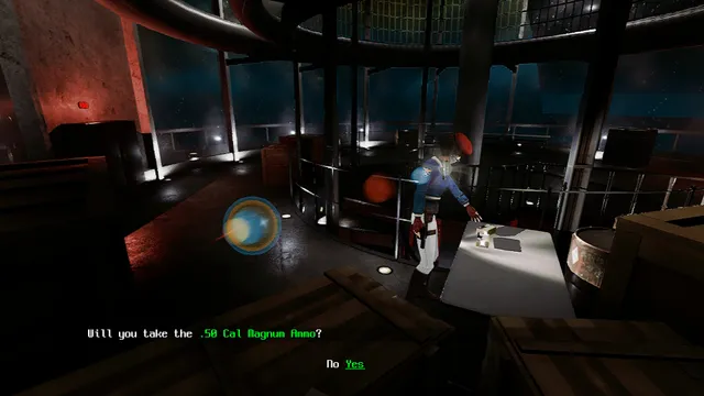 Ground Zero screenshot: Seo-Yeon reaches for a box of .50 Cal Magnum ammo on a table in a dark observation tower