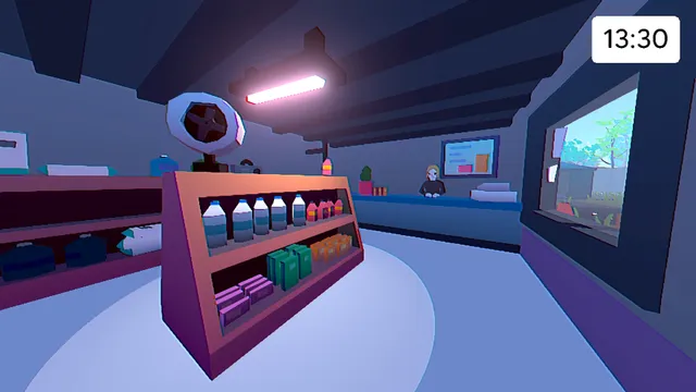 Grunn screenshot: a village shop with shelves of goods and a shopkeeper at the counter
