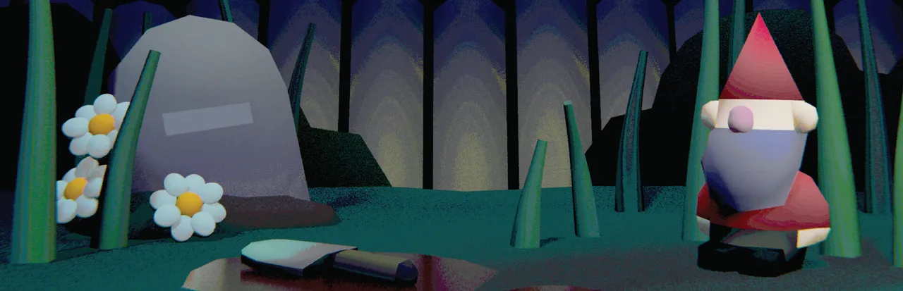 Grunn key art: a garden gnome, flowers and a stone in a dark garden at night