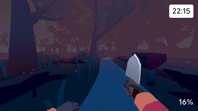 Grunn screenshot: walking a red-lit path at dusk with a trowel, the clock at 22:15