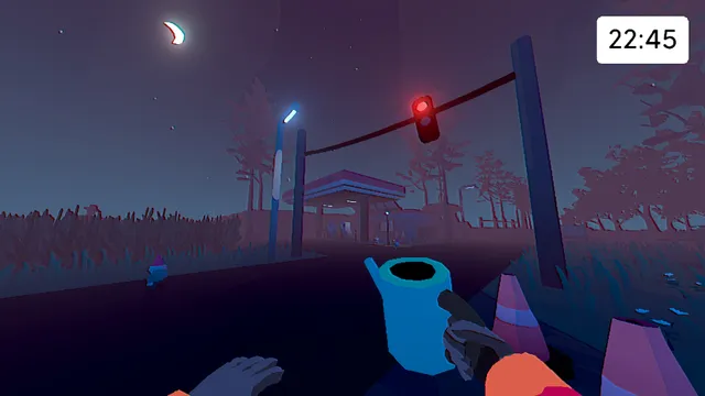 Grunn screenshot: a country road at night under a crescent moon and a red traffic light, holding a watering can