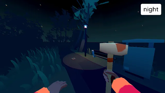 Grunn screenshot: a dark garden at night with a hammer in hand