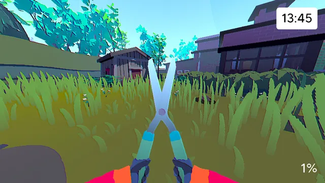 Grunn screenshot: trimming tall grass with shears in front of a house on a sunny afternoon
