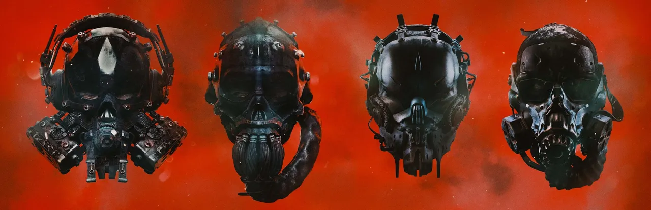 GTFO key art: four prisoners' face masks and helmets against a red background