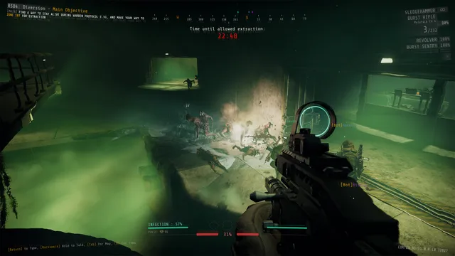 GTFO screenshot: a prisoner aims a burst rifle at creatures rushing through green fog in a tunnel