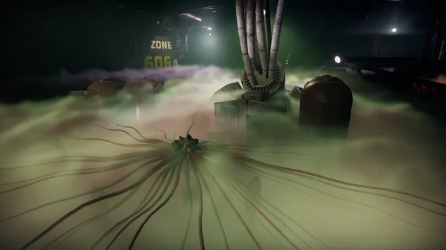 GTFO screenshot: the team fires at creatures in a red-lit corridor while an alarm demands a security scan