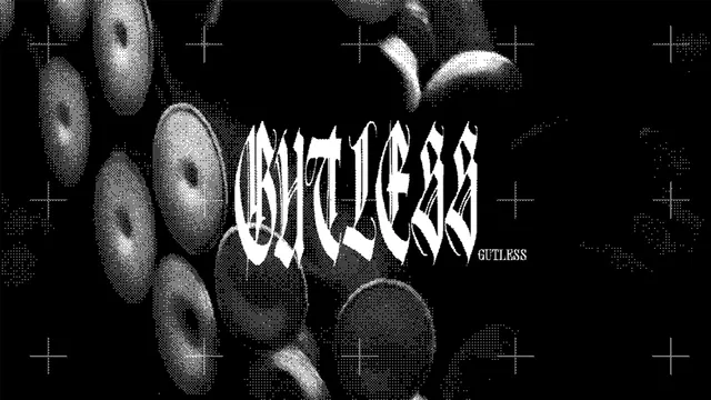 GUTLESS cover: the title in white blackletter over dithered black-and-white rows of round, fleshy discs