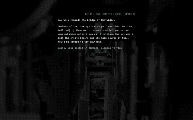 GUTLESS screenshot: day 43, the captain walks to the bridge of Charybdis past a crew that does not respect him, over a dithered photo of machinery